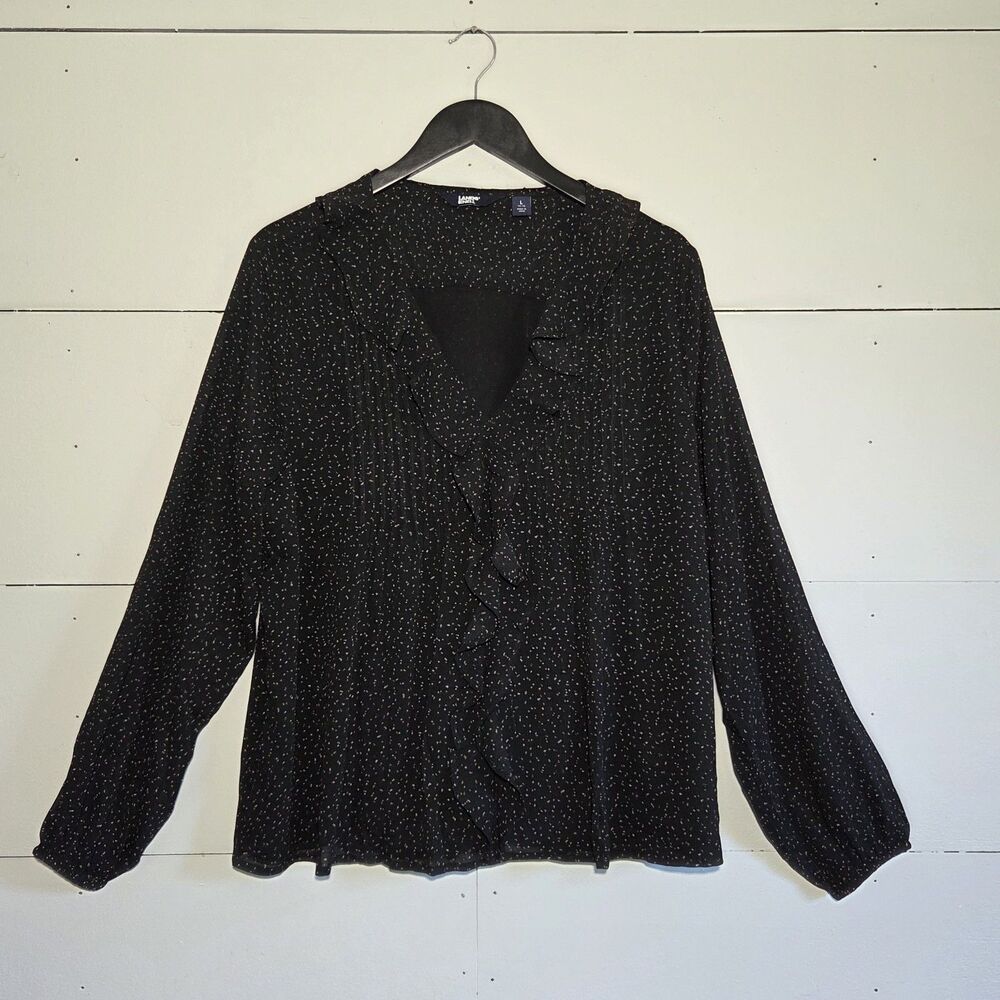 Lands' End Black Speckled Ruffle V-Neck Pleated Long Sleeve Blouse Women L